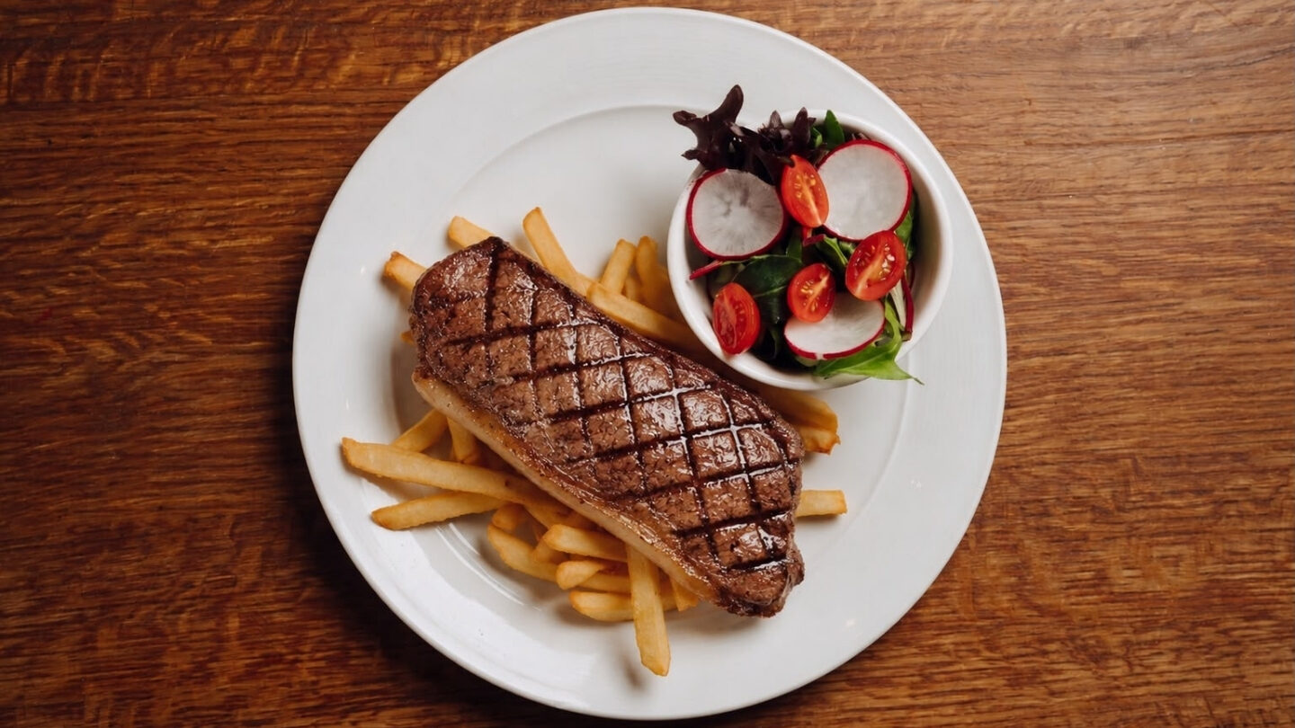New York Striploin Steak New York striploin steak with chips and garden salad on a white plate.